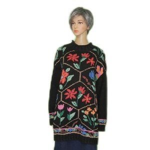 HUNT CLUB Vintage Pull Over Sweater Tunic Size L ~ Black w/ Multi Color Floral
